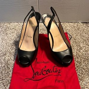 Christian Louboutin Black Leather Peeptoe Slingback Heels Size 37.5 7